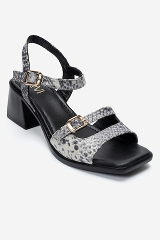 Luvi Shoes Yolen Siyah Desenli Hakiki Deri Kadın Kalın Topuklu Sandalet