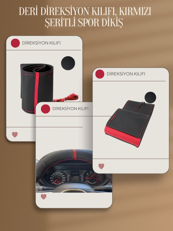 Renault Fluence Yerli Üretim Suni Deri Direksiyon Kılıfı, Kırmızı Şeritli Spor Dikiş Çok Renkli
