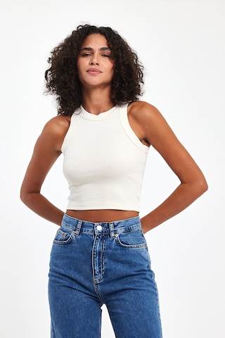 Lamaisonviolet Halter Yaka Düz Doku Ekru Atlet Tişört Krem