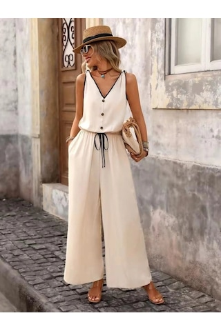 Defymoda Kadın Askıdan Bağlamalı V Yakalı Belden Süs Bağcıklı Tulum Bej