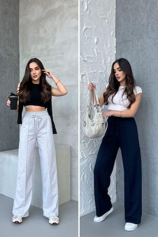 Siyah-antrasit Kadın Mevsimlik Salaş Geniş Paça Yüksek Bel 2'li Eşofman Altı Gri - Lacivert