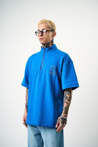 Respire Erkek 3 Nakışlı Yarım Fermuarlı Oversize T-shirt Mavi