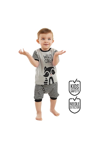 Denokids Rakun Erkek Bebek T-shirt Kısa Pantolon Takım Gri