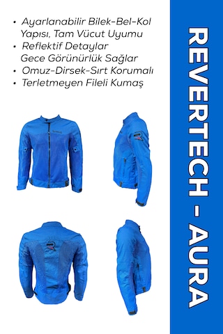Revertech Aura Mavi / Bel, Dirsek Ve Sırt Korumalı Motosiklet Montu + Buff