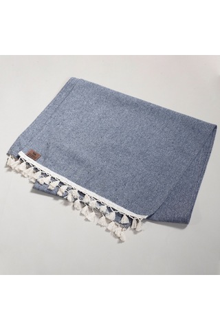 Vivamaison Lacivert Düz Püsküllü Pamuk Kumaş 45X150 CM Runner