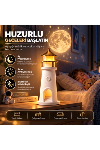 Kenly Deniz Feneri Ay Projeksiyonlu Led Gece Lambası Bluetooth Hoparlörlü Kumandalı Dimmerli 2400 Mah Şarjlı Masa Lambası Beyaz