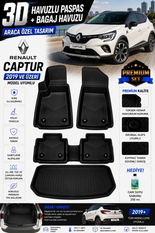 Renault Captur 2019 Ve Üzeri Model Uyumlu 3d Araca Özel Havuzlu Paspas+bagaj Havuzu Birebir Uyum