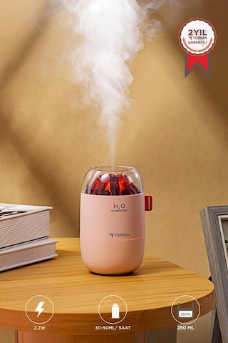 H16 Pembe Odun Ateşi Efekli Hava Nemlendirici Buhar Makinesi 280ml Led Işıklı Sessiz Çalışma (İthalatçı Garantili)