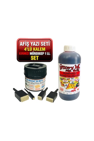 Grocery Market Kalemi 4 Lü Set + Market Yazı Mürekkebi Kırmızı Renk Çok Renkli
