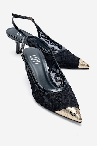 Luvi Shoes Clem Lacivert Dantel Detaylı Altın Burunlu Kadın Topuklu Ayakkabı
