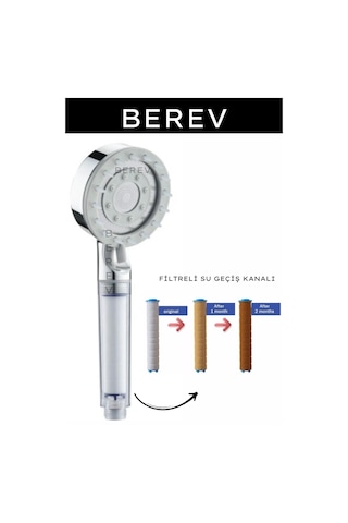 Berev Filtreli Arıtmalı Masajlı Çok Fonksiyonlu Basınçlı Krom Beyaz Duş Başlığı Gümüş