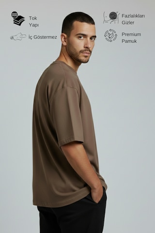 Allunique Erkek Pamuklu Oversize Bisiklet Yaka Kahverengi T-shirt
