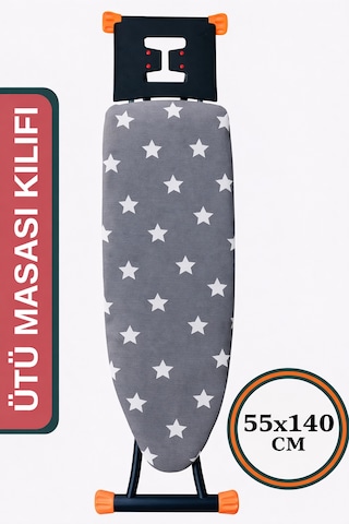 Ütü Masası Kılıfı Büyük Boy İpli Stoperli Keçeli Kılıfı Örtüsü Bezi 55x140cm Gray Star Gri Beyaz