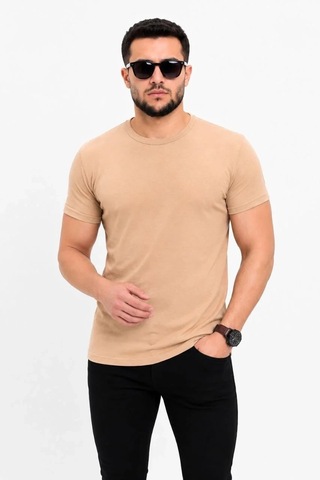 Tarz Yeri Erkek Basic Tişört Bisiklet Yaka Kısa Kol Günlük Yazlık Slim Fit T-shirt - Bej