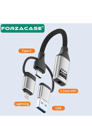 Forzacase 3in1 Apple Uyumlu iPhone Lightning, Type-c, Usb Girişli 3.5 Mm Aux Çevirici Kulaklık Jak Adaptör Fc1164 1 Adet