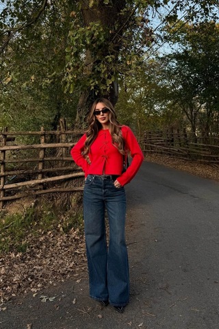 Kırmızı Fiyonk Boncuk Detaylı Hırka - 251072 Kırmızı