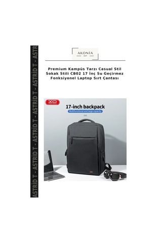 Premium Kampüs Tarzı Casual Stil Sokak Stili Cb02 17 İnç Su Geçirmez Fonksiyonel Laptop Sırt Çantası Siyah
