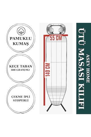 Ütü Masası Kılıfı Büyük Boy İpli Stoperli Keçeli Kılıfı Örtüsü Bezi 55x140cm Almera Çok Renkli