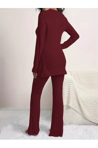 Kadın Uzun Kollu Yuvarlak Yaka Yandan Yırtmaç Detaylı Şardonlu Kaşkorse Bluz Ve Pantolon Ikili Takım Bordo