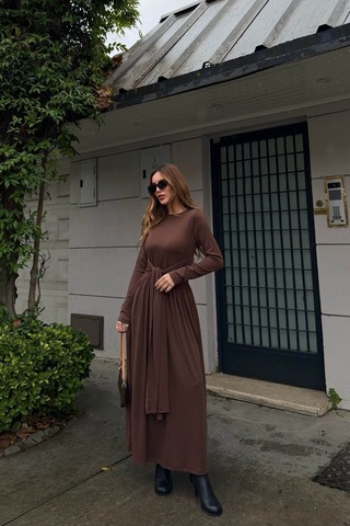 Laluvia Kahverengi Bağlamalı Elbise - 4988 Kahverengi