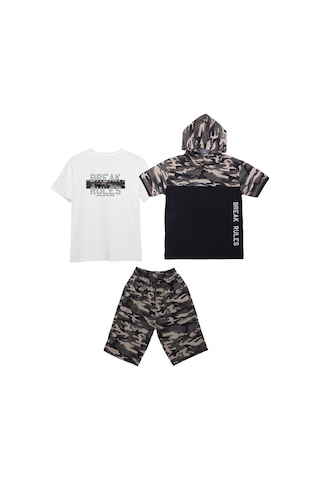 Fyk Kids Erkek Çocuk 3'lü Kamuflaj Desenli Kapri-baskılı Tişört- Kamuflaj Desenli Sweatshirt Alt Üst Takım Haki