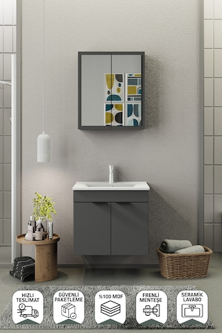 Biani Fix Loft 65 Cm Banyo Dolabı,Seramik Lavabolu, Aynalı,Lavabo Dahil,Mdf,Mat Gri