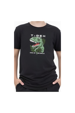 T-rex Baskılı Erkek Çocuk Kısa Kollu Tişört Siyah