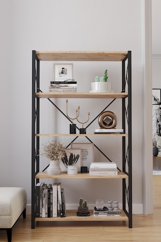 5 Raflı Geniş Kitaplık Dekoratif Metal Ayaklı Ofis Rafı 160x90