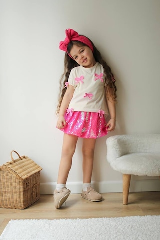 Kız Çocuk Şeker Pembe Parlak Payet Kumaş Balon Etek Fiyonk Nakışlı T-shirt Altüst Takım Pembe