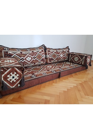 Şark Köşesi Minderi Anadolu Desenli İkili Sedir Takımı Kahverengi 5 Parça
