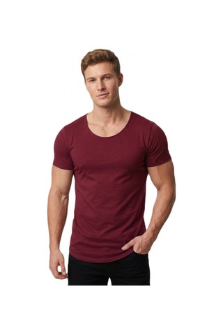 Deepsea Erkek Bordo Geniş Yaka Likralı Tişört Oval Yaka Slim Fit Eteği Oval Açık Yaka T-shirt 1801199 Bordo