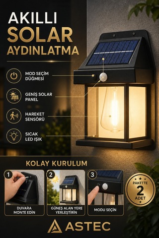 Astec Solar Hareket Sensörlü Duvar Lambası 20w Ip65 Güneş Enerjili Bahçe Apliği Gün Işığı 2 Adet