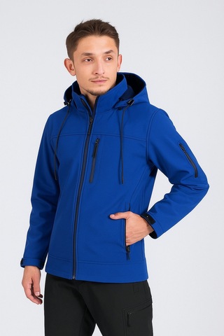 Suya Dayanıklı Slim Fit Softshell Kapüşonlu Erkek Mont Saks Mavisi