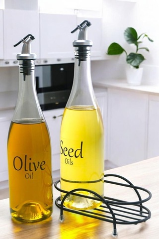 Digithome Pure 2'li Siyah Metal Standlı Yağdanlık Seti Şeffaf Etiketli Cam Yağlık 750 Ml Cys-13 Siyah