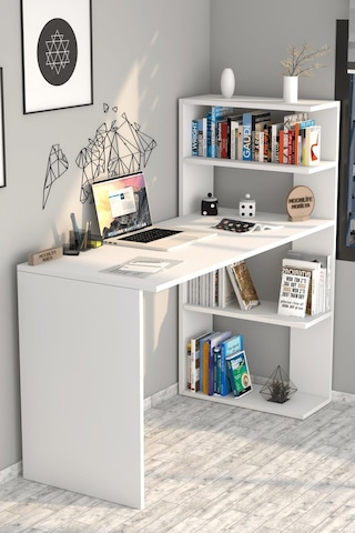 Moonlife Çınar Raflı Kitaplıklı Çalışma Masası Beyaz