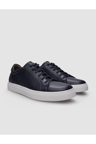 %100 Hakiki Deri Lacivert Bağcıklı Desenli Erkek Sneaker Lacivert