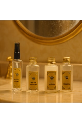 Seyahat Seti 4lü 0.50ml Kolonya Duş Jeli Saç Kremi Şampuan Şişesi Açık Kahverengi