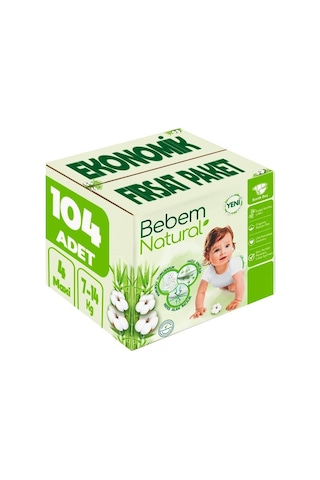 Bebem Bebek Bezi Natural Beden:4 7-14kg Maxi 104 Adet Ekonomik 4 Numara