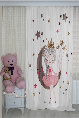 Sevimli Ay Kız Çift Kanatlı Çocuk Odası Fon Perde