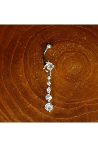 Aya Tasarım Gümüş Renk Dört Taşlı Model Göbek Piercing Gümüş