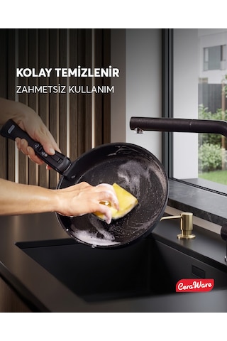 Ceraware Hona Made in Korea Seramik Yapışmaz Tencere Tava Seti 9 Parça Tak Çıkar Saplı İç İçe Geçebilen Set Siyah