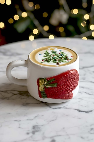 Rivaistanbul Eldiven Amore 24 K Altın Süslemeli El Yapımı Yılbaşı Hediyesi Seramik Double Kahve Fincanı, Mug, Kupa Beyaz