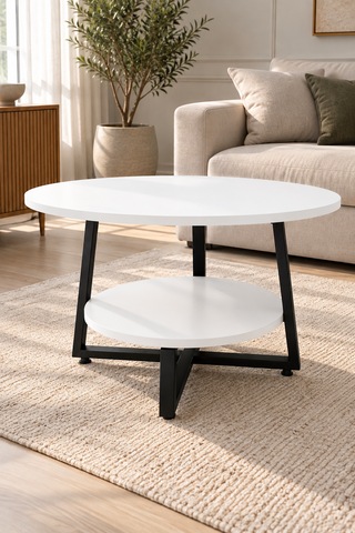 Yuvarlak Orta Sehpa 69,5 Cm İki Katlı Raflı Metal Ayaklı Modern Dekoratif Salon Sehpası Beyaz