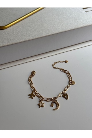 Altın Kaplama Yıldız, Ay Ve Kalp Figürlü Çelik Zincir Bileklik Altın