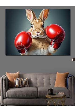 Kırmızı Boks Eldivenli Tavşan İllüstrasyonu Dekoratif Kanvas - Mdf Ahşap Tablo