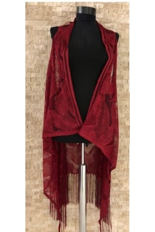 Pareo Dantel Yelek Mayo Bikini Üzeri Yaprak Desenli Püsküllü Plaj Çok Renkli