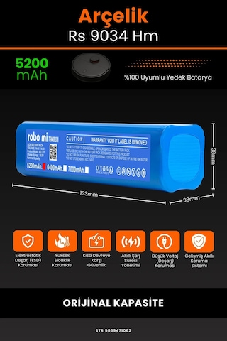 Arçelik Uyumlu RS 9034 5200mAh Robot Süpürge Bataryası
