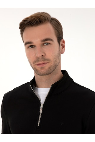 Siyah Regular Fit %100 Pamuk Yarım Fermuarlı Sweatshirt