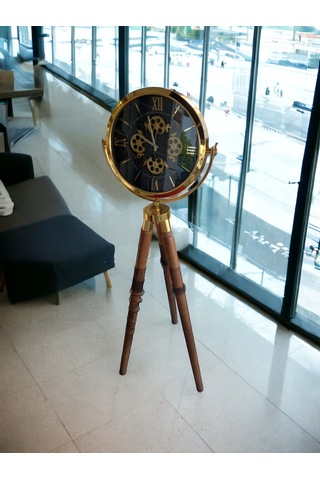 Çarklı Gold Metal 3d Ahşap Ayaklı Seyyar Ofis Salon Otel Saati Altın
