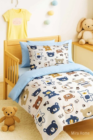 Dijital Baskılı 3d Pamuklu Yenidoğan Bebek Nevresim Takımı Bear Toy Blue Çok Renkli